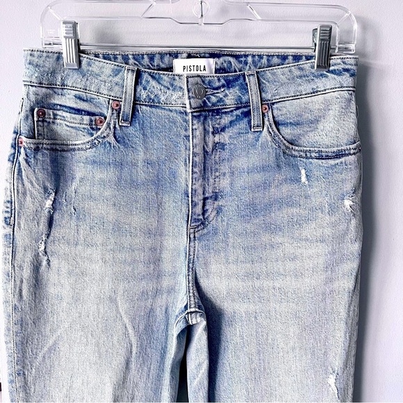 PISTOLA High Rise Straight Leg Crop Distressed Light Wash Zip Fly Jeans 28” Blue - Picture 3 of 10